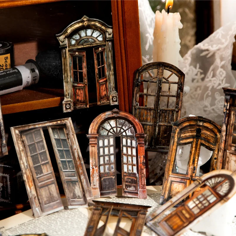 autocollants rigides portes anciennes motifs floraux vitraux colorés vintage classique marron bleu vert marron