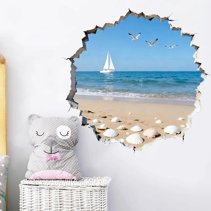 sticker mural paysage marin plage coquillages oiseaux voilier bleu blanc 3d chambre maison