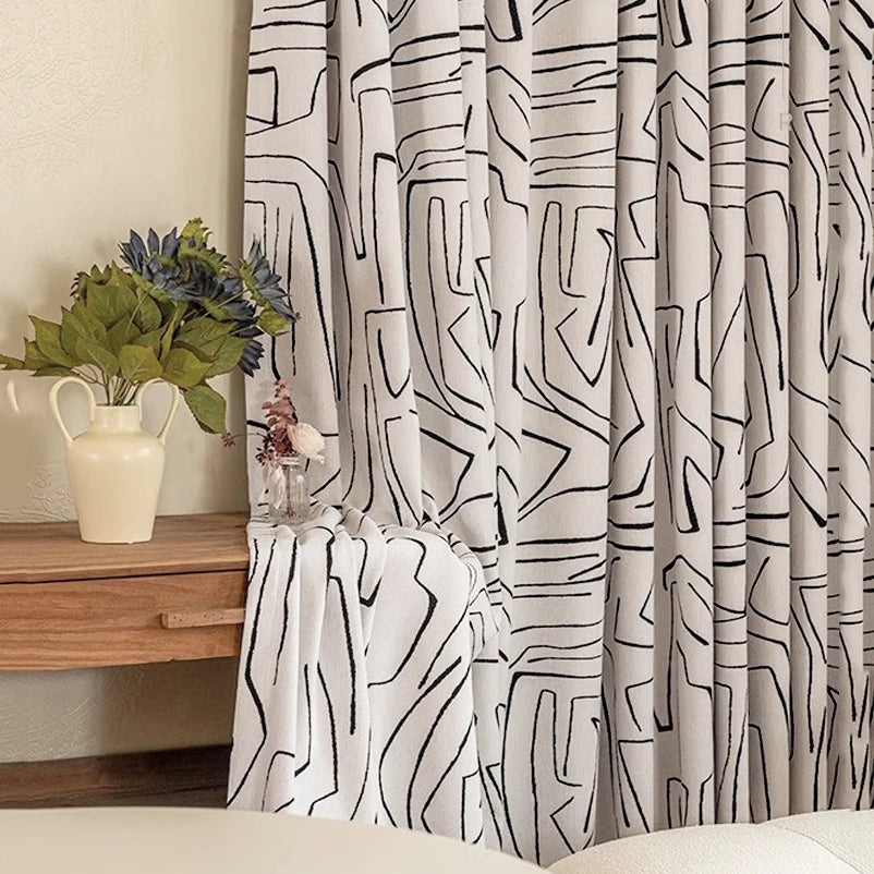 rideau moderne polyester crème noir motif linéaire salon opacité élevée minimaliste