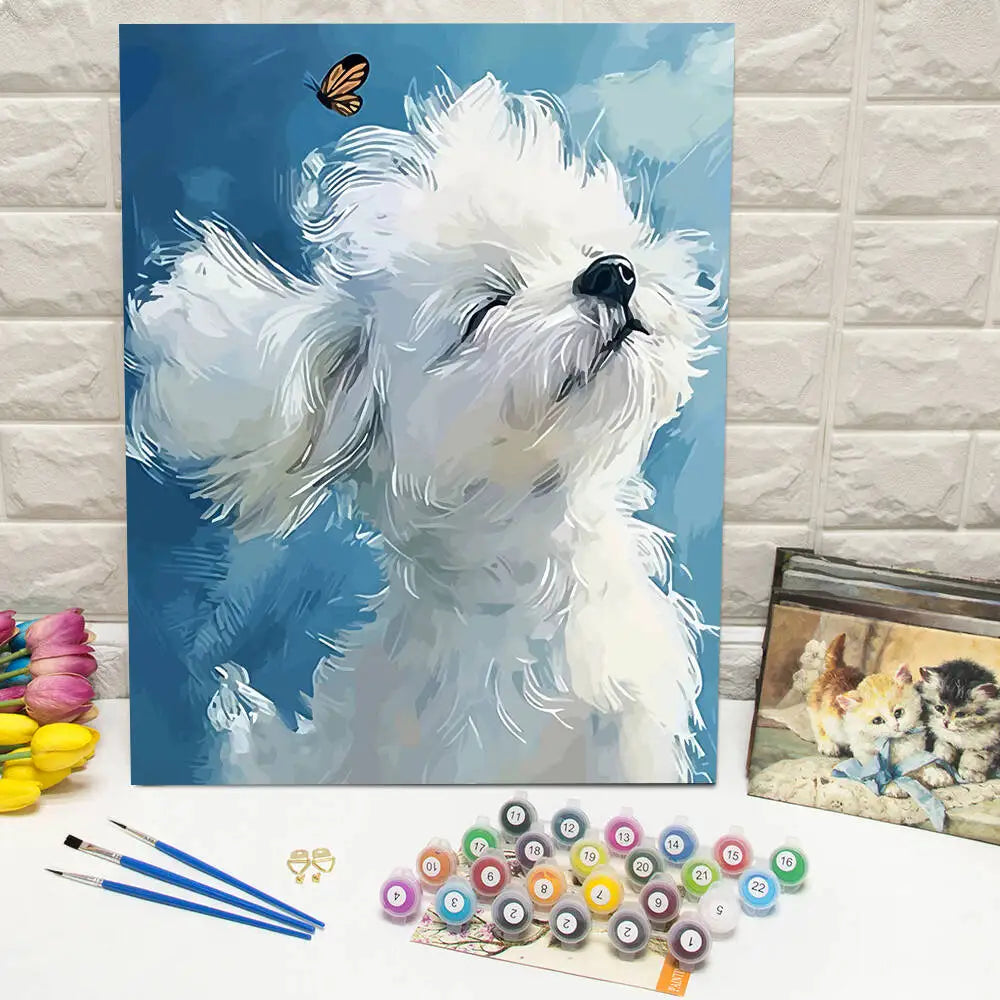 toile peinte chien papillon moderne blanche bleue noire abstraction pinceaux vis crochets crafts decoration