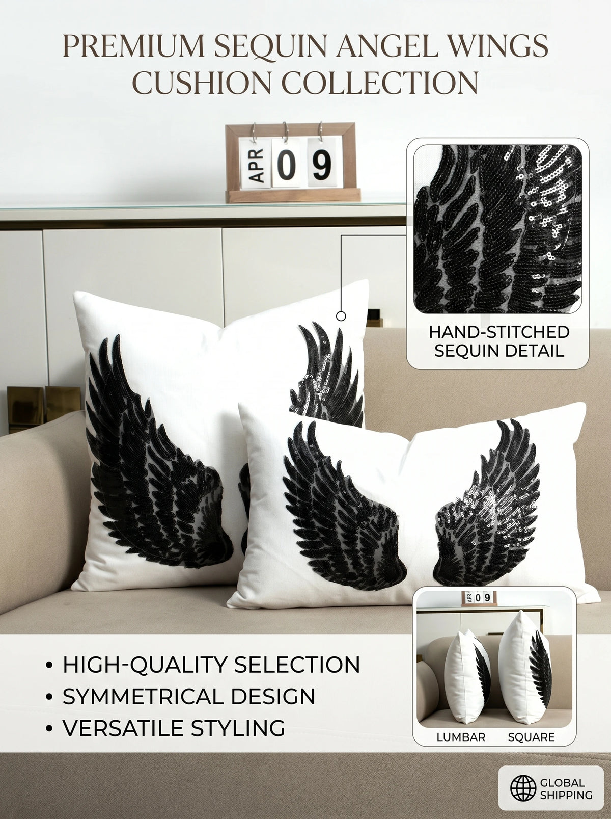 coussin décoratif boho chic ailes ange broderie paillettes noir blanc argenté 40x40cm 30x30cm