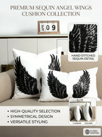coussin décoratif boho chic ailes ange broderie paillettes noir blanc argenté 40x40cm 30x30cm