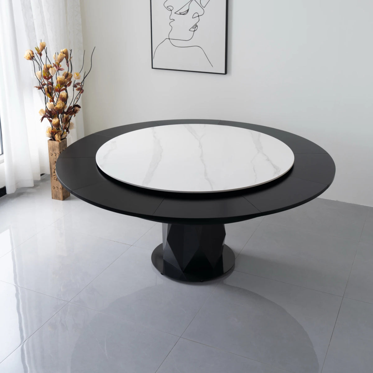 table manger ronde extensible imitation marbre noir moderne six chaises