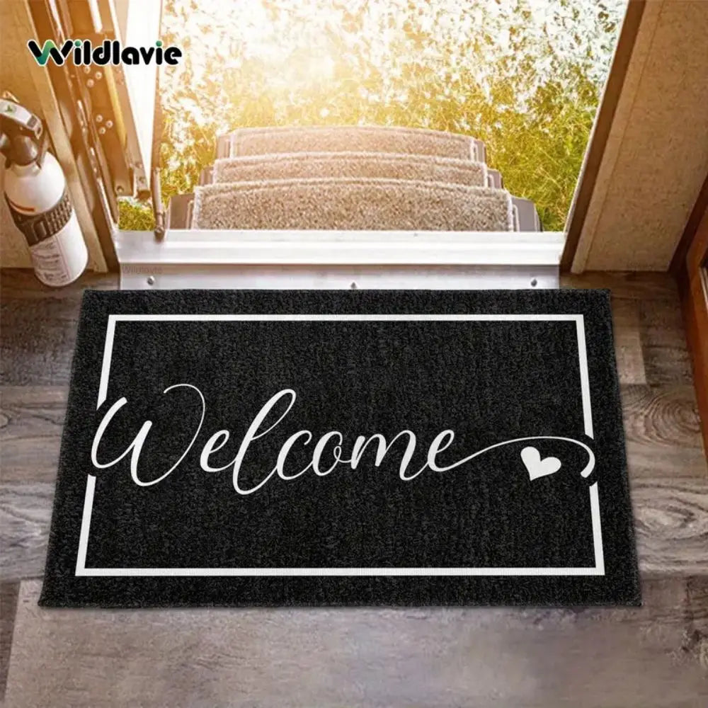tapis d'entrée noir welcome moderne anti dérapant polyester machine lavable 50x80cm