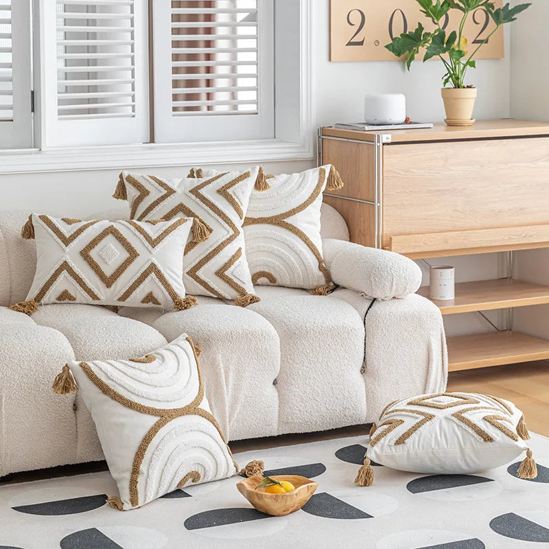 coussin moderne géométrique brodé 45x45cm 30x50cm blanc beige boho chic adhésif zippable amovible lavable