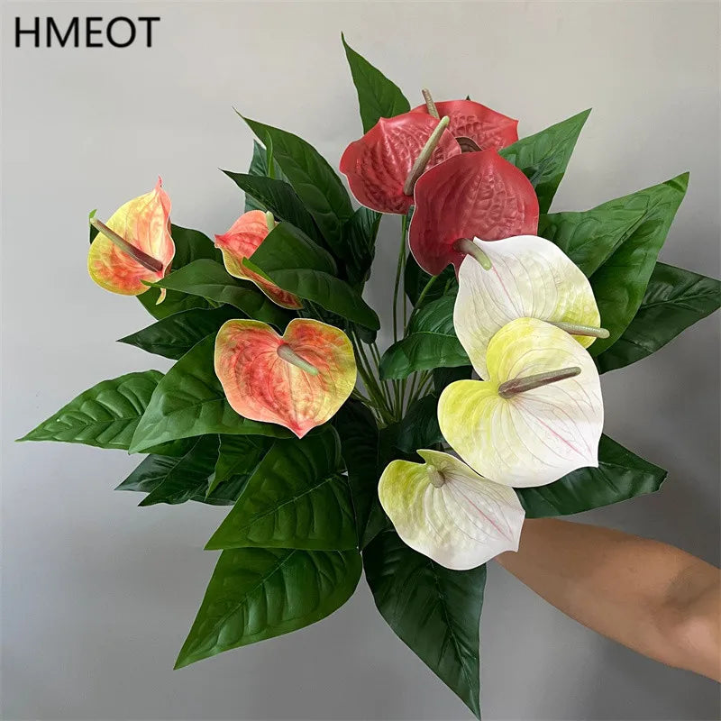 plantes artificielles anthurium vert rouge blanc moderne minimaliste pot noir gravier blanc fleurs coeurs