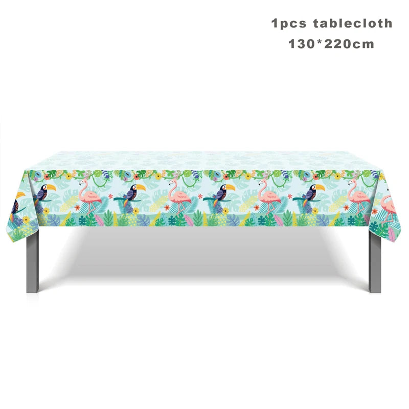 nappe jetable anniversaire motif tropical feuilles palmier fleurs verte moderne festivités été