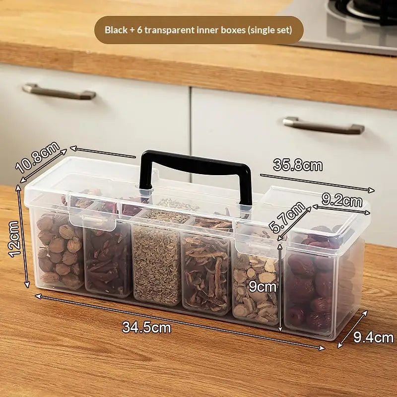boîte rangement épices transparente poignée noire compartiments herbes piments camping voyage moderne pratique