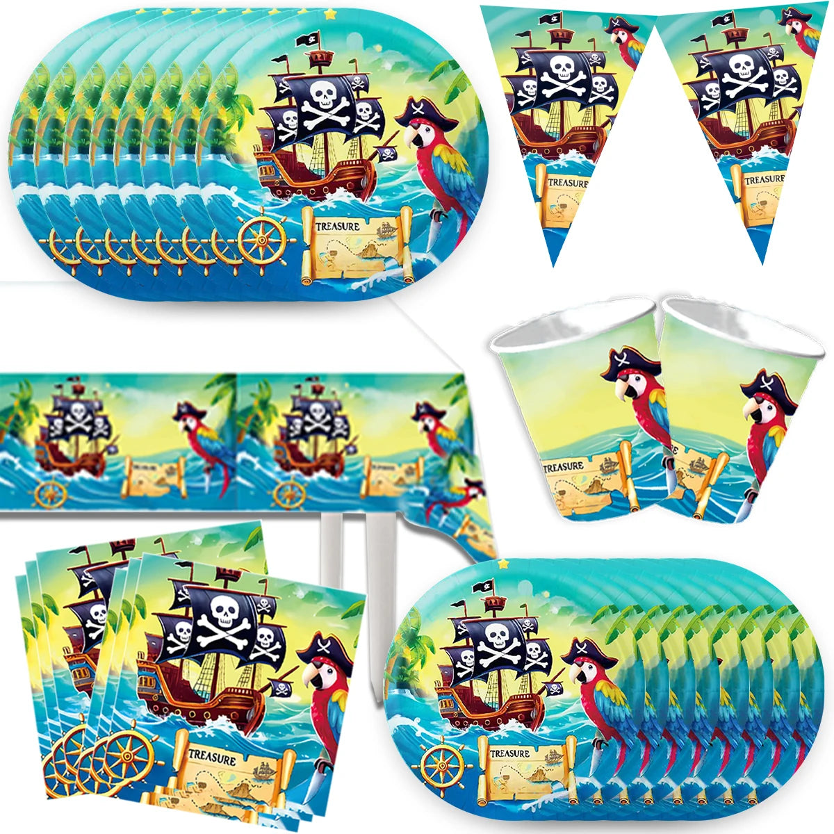 assiettes papier gobelets serviettes bannière nappe thème pirate bateau perroquet carte trésor anniversaire enfants