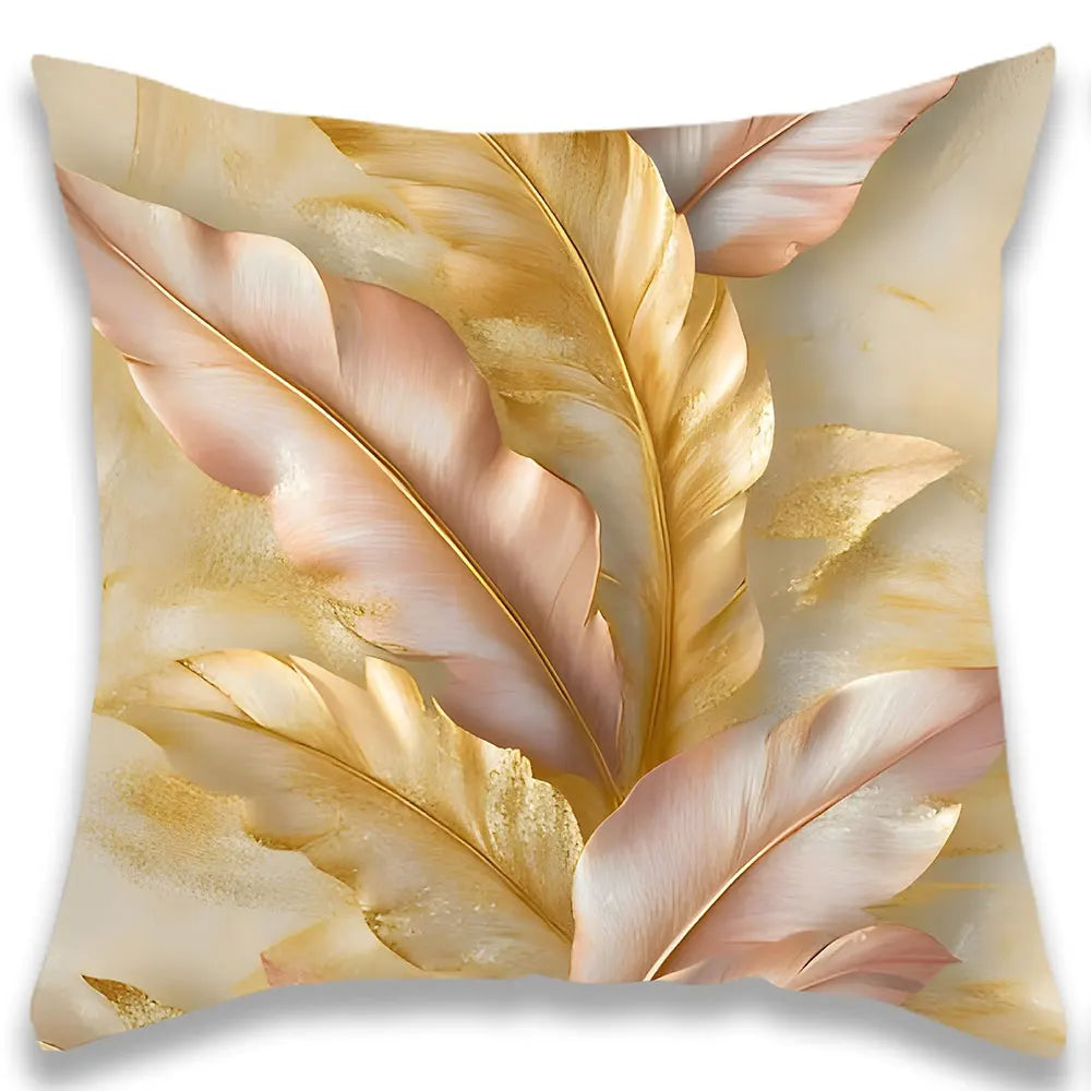 housse coussin tissu plumes stylisées rose pâle beige doré contemporain 45x45cm fermeture glissière decoration