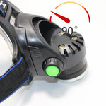 lampe frontale led rechargeable noir bleu rayures diagonales verre transparent mode zoom camping
