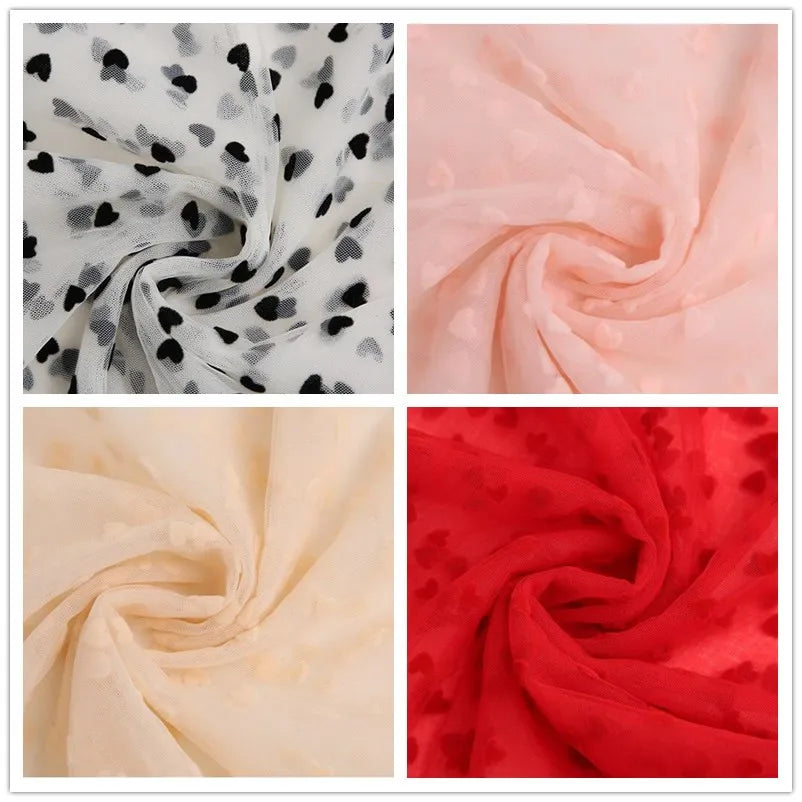tissu polyester dentelle coeurs blanc noir rose beige rouge translucide mariage