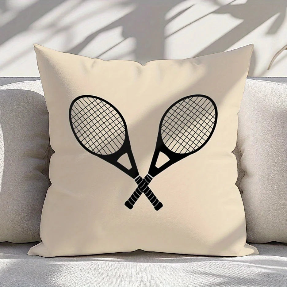 housse coussin moderne motif raquettes tennis beige dimensions 45x45cm respectueux environnement non toxique polyester