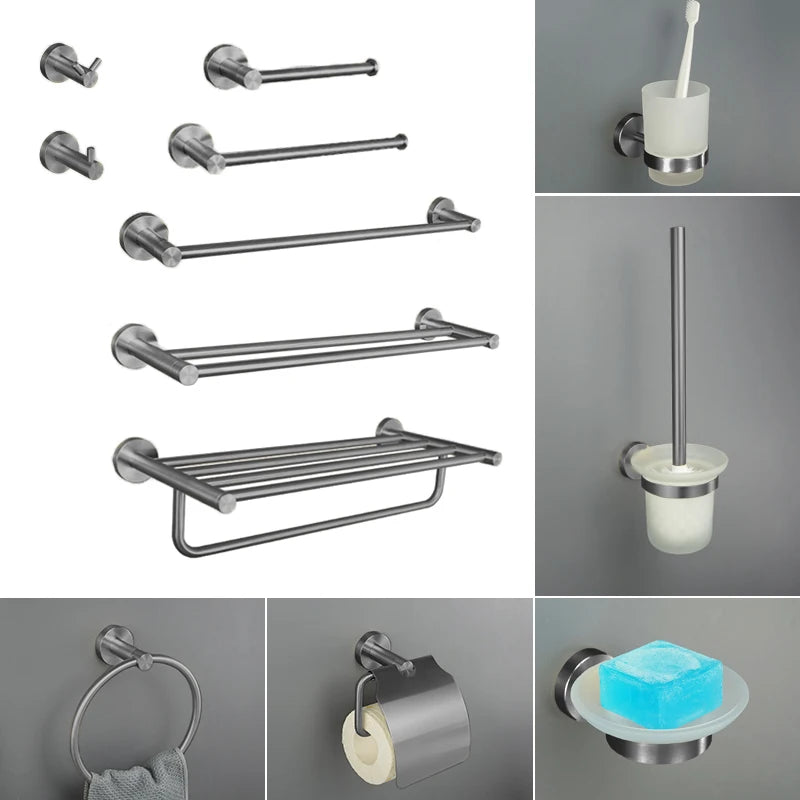 ensemble accessoires salle bain métal argenté porte serviettes porte savon porte rouleau moderne