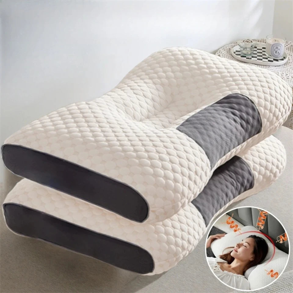 coussin massage cou blanc gris texture quadrillée ergonomique mémoire forme rectangulaire usage maison lit