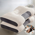 coussin massage cou blanc gris texture quadrillée ergonomique mémoire forme rectangulaire usage maison lit