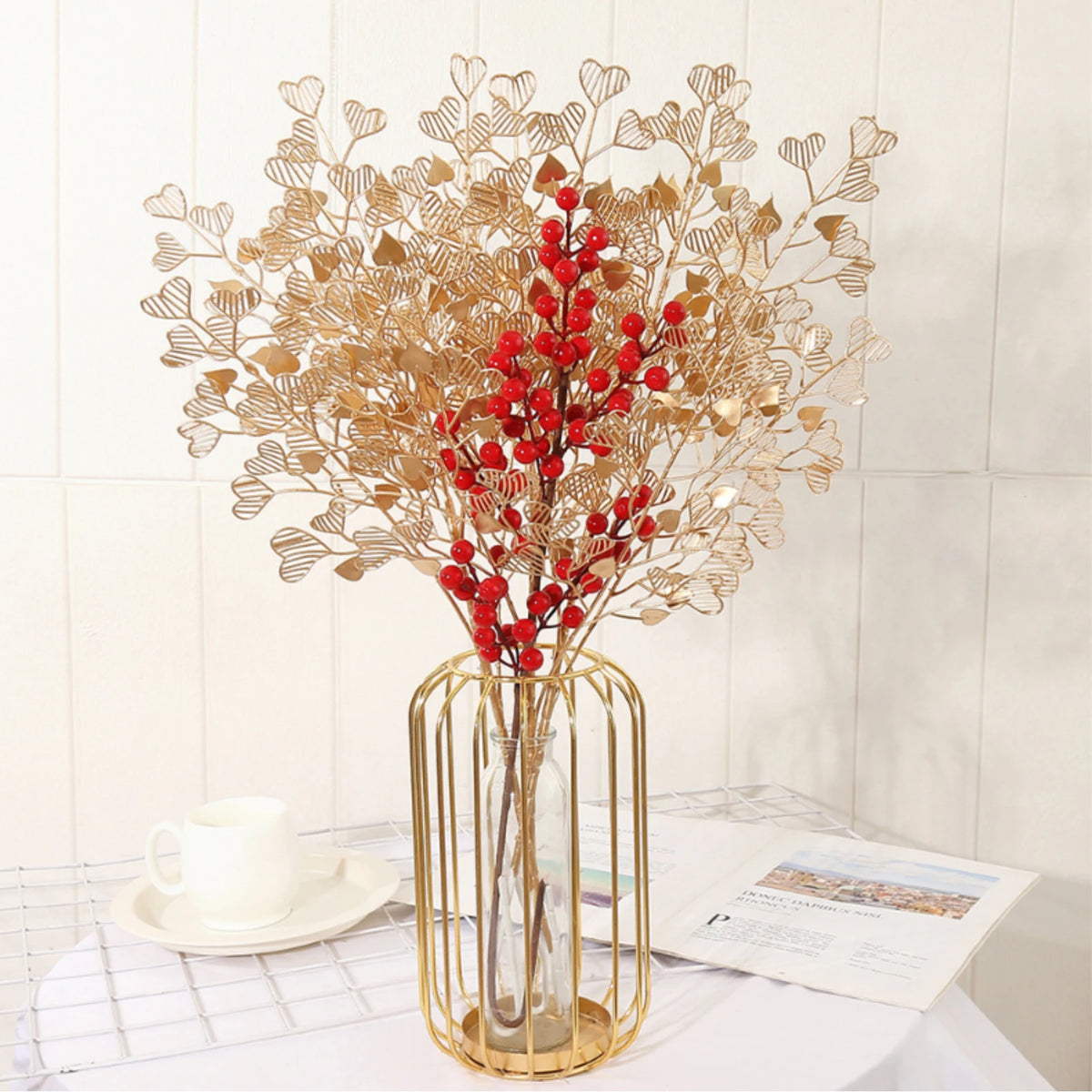 bouquet artificiel moderne feuilles coeurs or rouge décoration élégante intérieur extérieur noël mariage