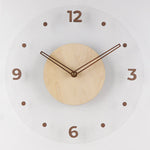 horloge murale moderne minimaliste aiguille acrylique transparente bois clair blanc marron