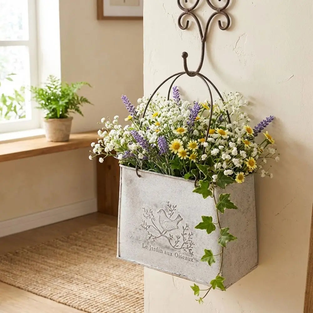 pots fleurs forme sac vintage gris métallisé motif oiseau gravure rustique petite taille grande