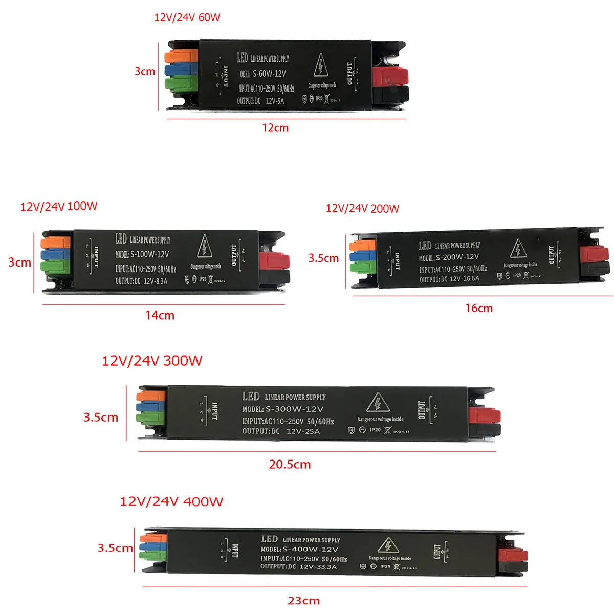 transformateur led 12v 24v 60w 100w 200w 300w 400w noir adhésif câbles