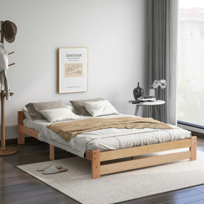 Lit futon en bois massif naturel avec tête de lit vue de face