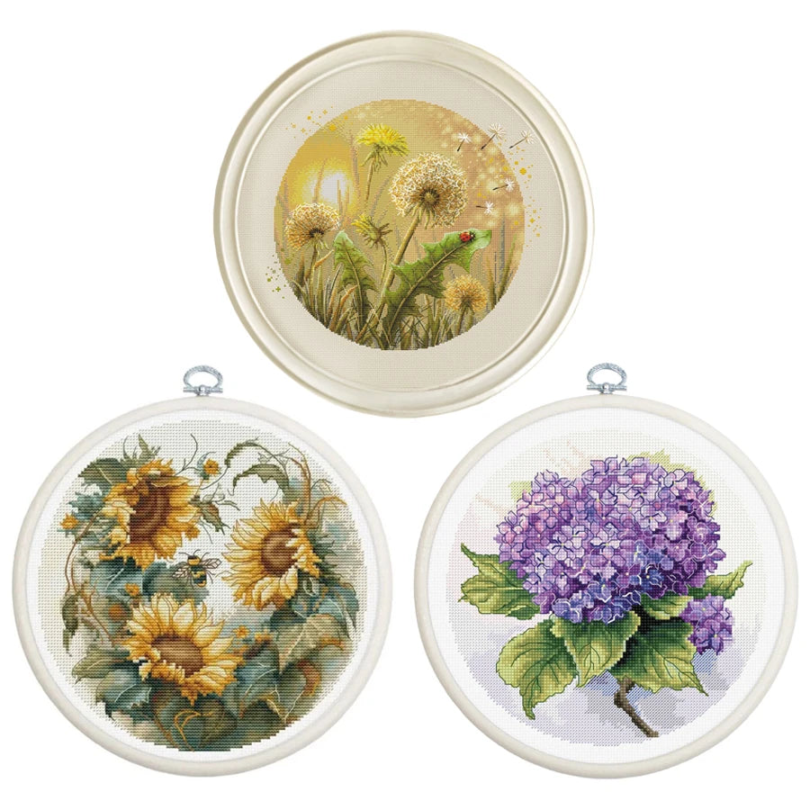 kit broderie fleurs coquelicot tournesol hortensia pissenlit coton aida schema papier aiguilles stylo points