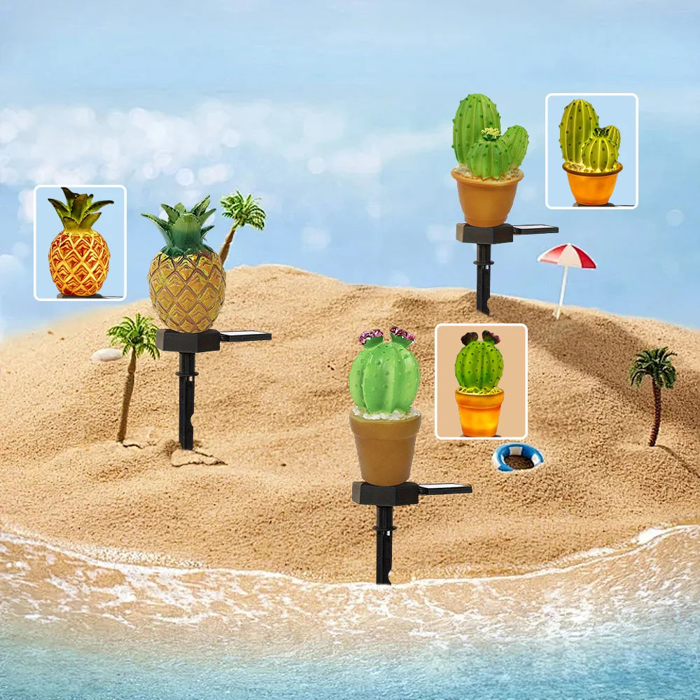 lampe solaire decorative forme cactus ananas exterieure led verte orangée festive