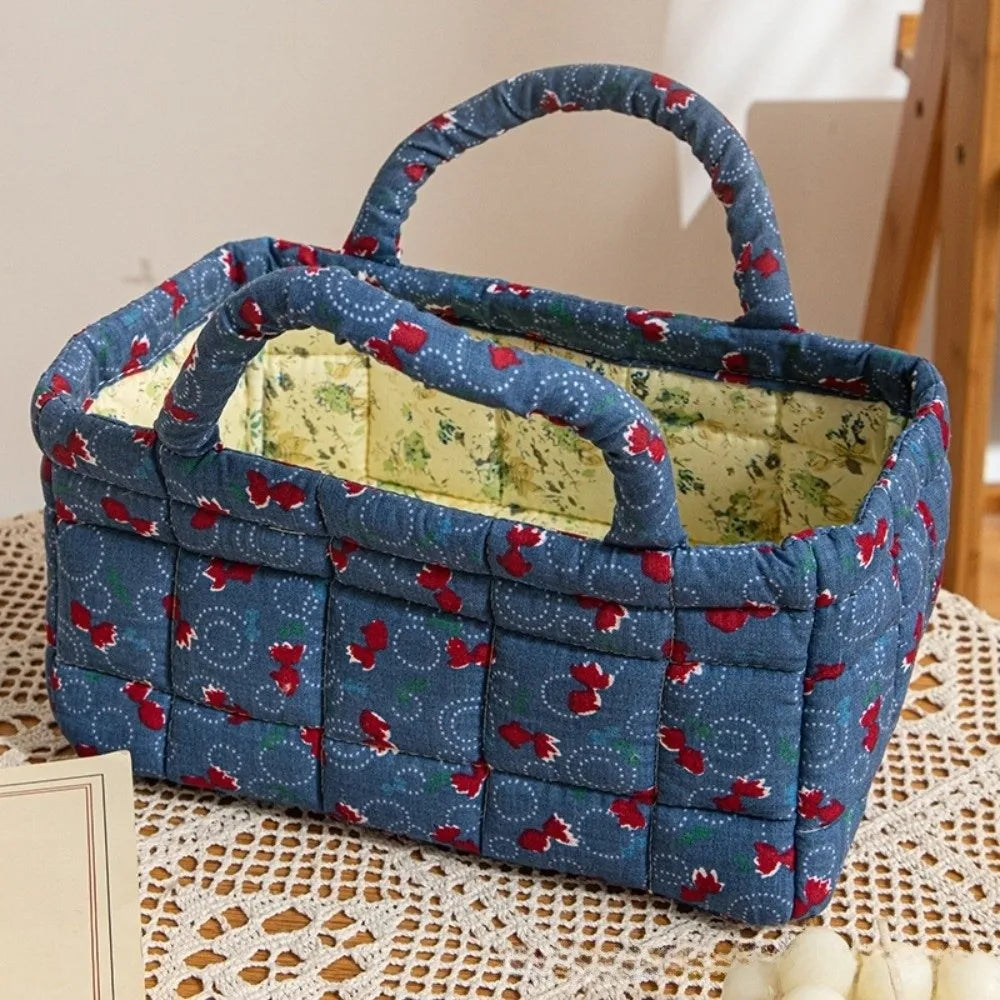sac main fleur bleu vert beige réutilisable poignées vintage opacité multifonction portable