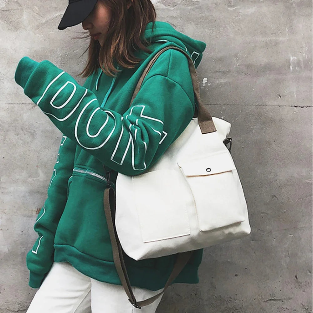 sac bandoulière toile unisexe polyester doux solide blanc noir poche avant cross body