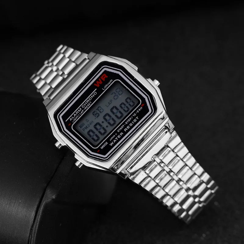 montre numérique rectangulaire affichage lcd rétro résistante chocs alarme date auto semaine noir rose