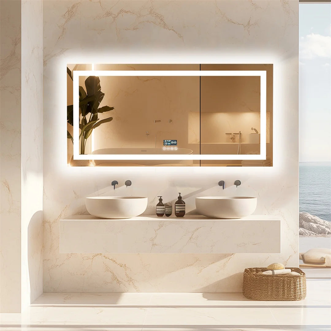 miroir lumineux moderne marbre blanc noir antibuée led bluetooth défog couleurs