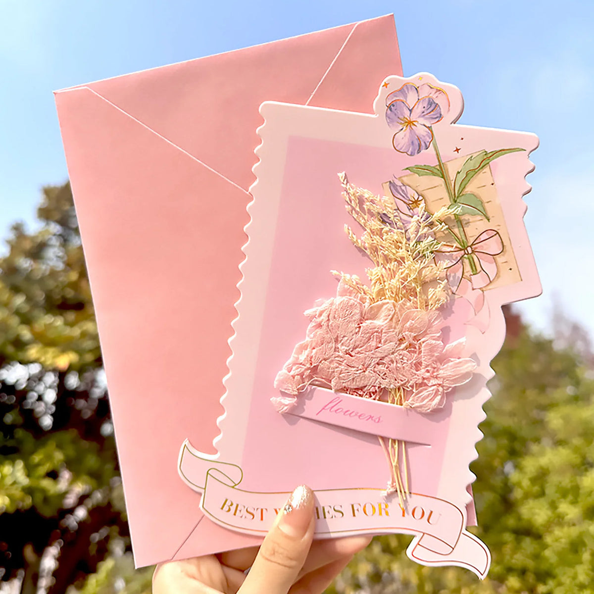 cartes anniversaire mariage fleurs séchées rubans guirlandes bleu rose violet beige