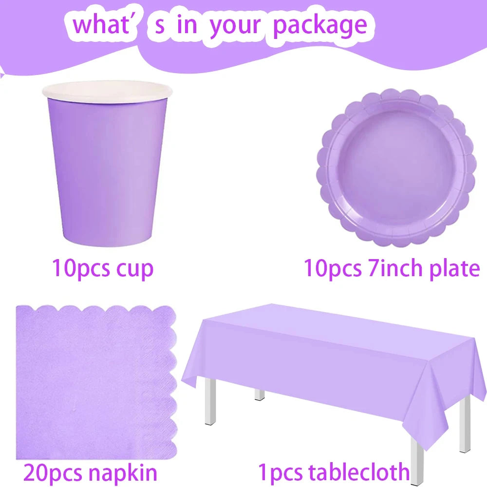 vaisselle jetable violet pastel assiettes gobelets serviettes nappe festive anniversaire mariage baptême