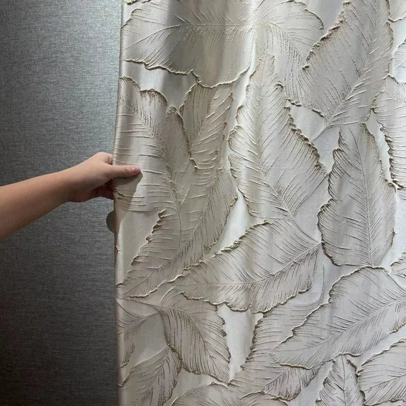 rideau polyester feuilles dorées gris clair beige haut standing salon chambre moderne français
