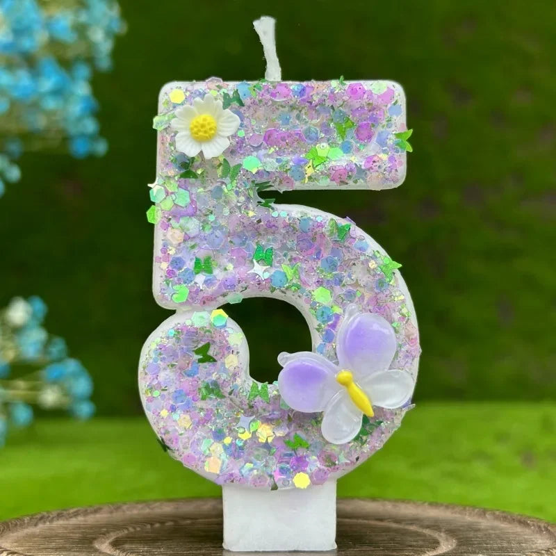bougies numérales pailletées fleurs reliefs adhésives anniversaire enfant violet blanc vert bleu doré