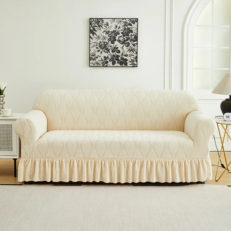 housse canapé gris clair jacquard motif feuilles stylisées élastique protection banc