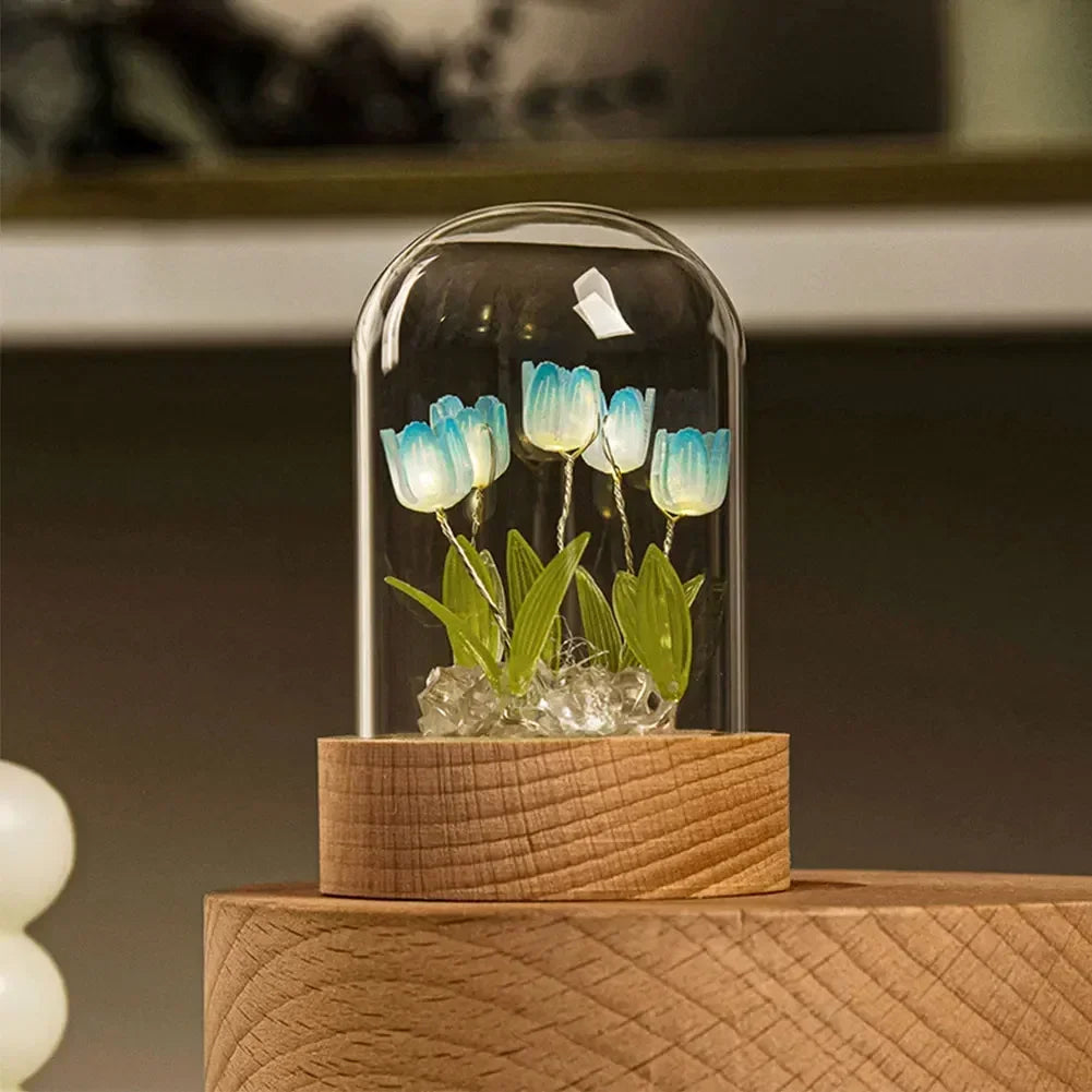 bouquet tulipes artificielles verre transparent tulipes roses blanches vertes feuilles modernes chambre décoration led