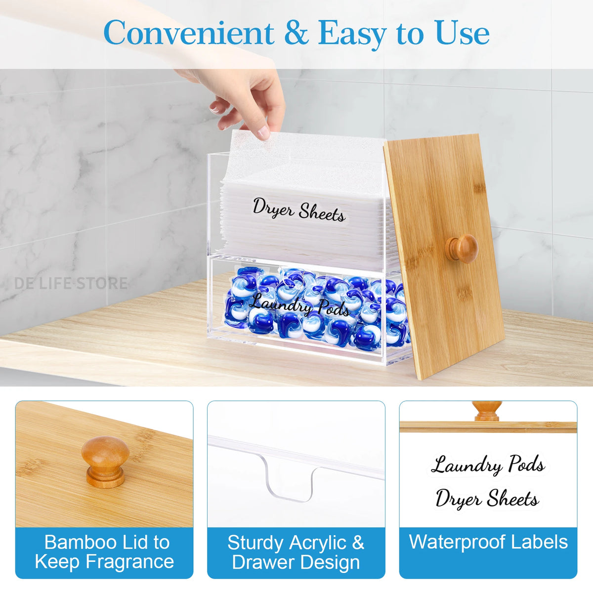 boîte rangement transparente multifonctionnelle bois naturel étiquettes imperméables lessive lingettes repassage Pods pins booster