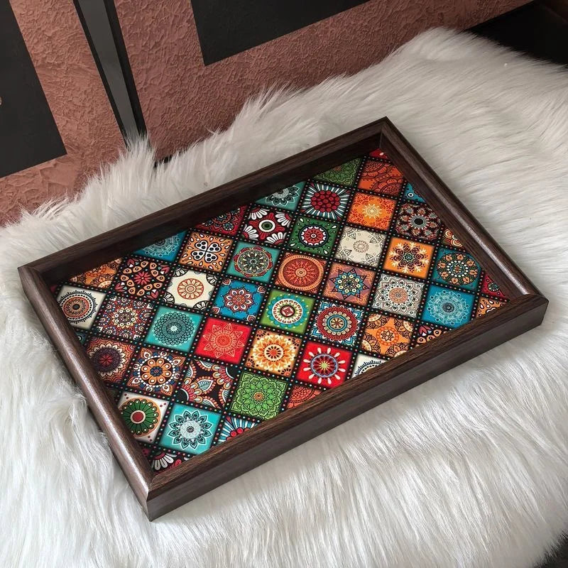 plateau bois patchwork floral marron foncé traditionnel sans fixation salon chambre