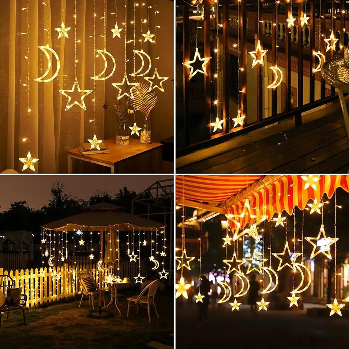 guirlande lumineuse étoiles lunes solaire led blanc doré moderne festif clips extérieur noël ramadan