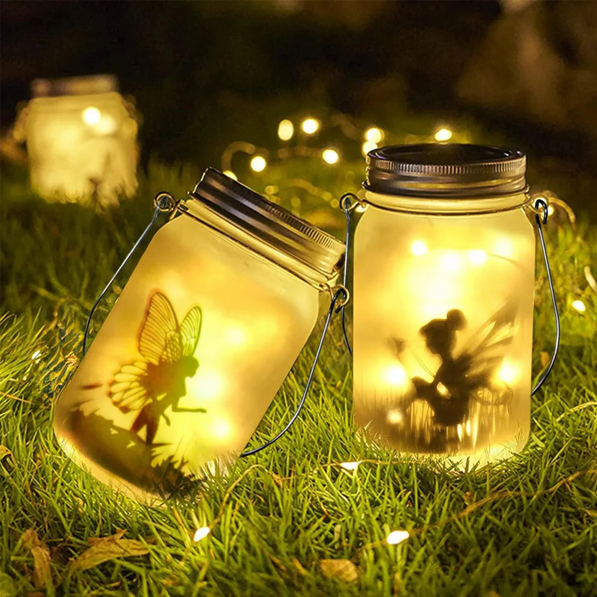 lanterne solaire décorative bocal LED effet vieilli silhouette fée anse métal argentéextérieur festive rustic
