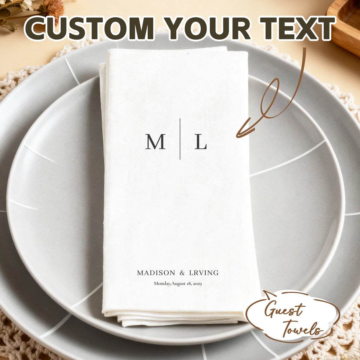 serviettes table personnalisables blanc monogramme minimaliste mariage réception 15pcs 25pcs 50pcs 75pcs 100pcs