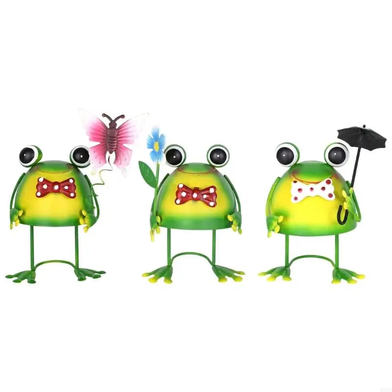 statuette grenouille verte mignonne cartoon collier pois parapluie noir fleur bleue jardin extérieur ornement