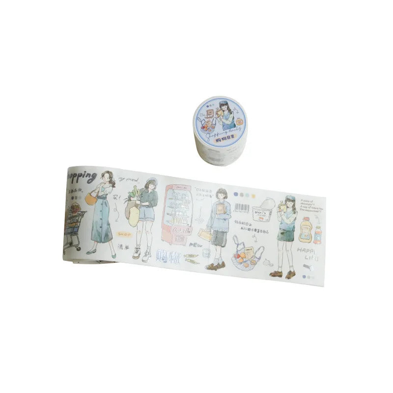 ruban adhésif décoratif illustrations personnages scènes quotidiennes plantes minimaliste blanc marron vert bleu beige