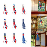 Éventail vent koinobori japonais motifs maneki neko rubans colorés bleu marine rouge blanc