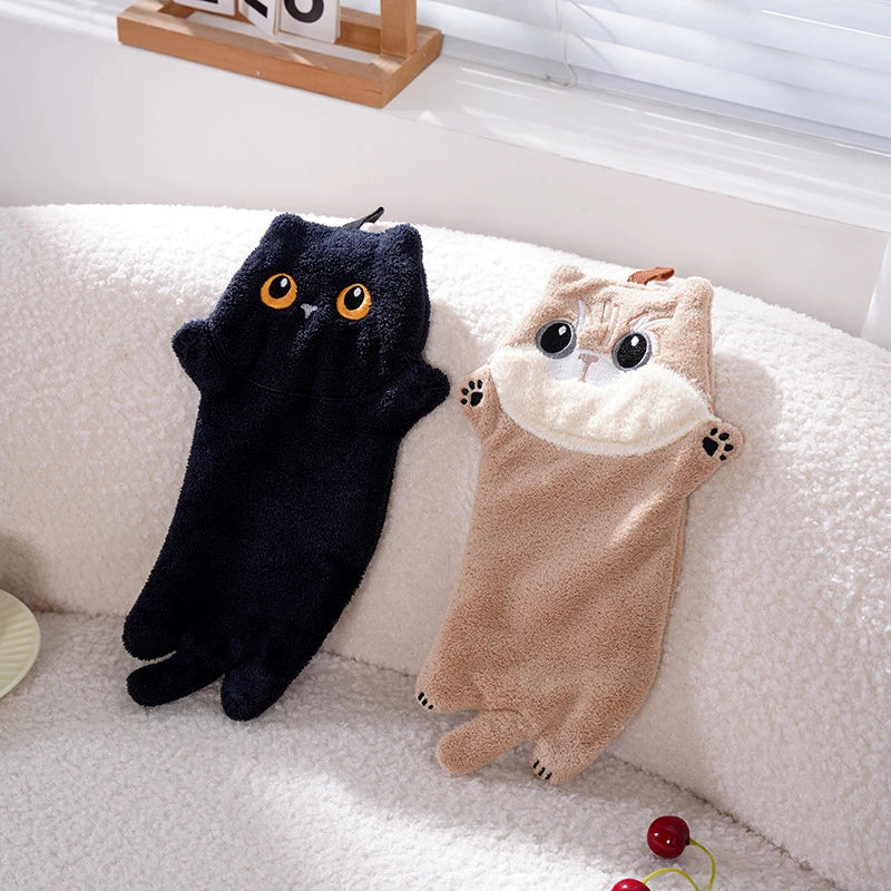 serviette toilette gant noir chat peluche super absorbante cordon cuisine salle bain