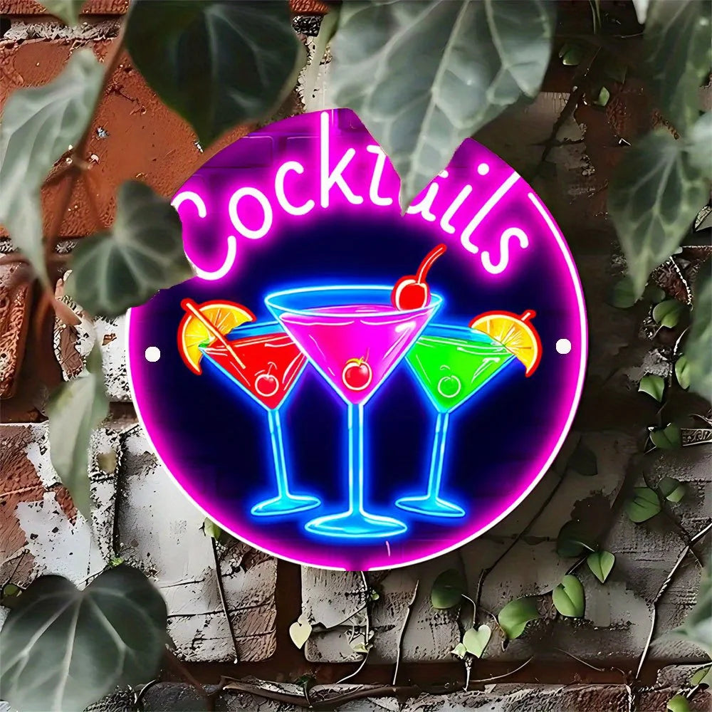 panneau bois enseigne lumineuse cocktails cerises citrons occasionnel rose bleu vert noir okolets