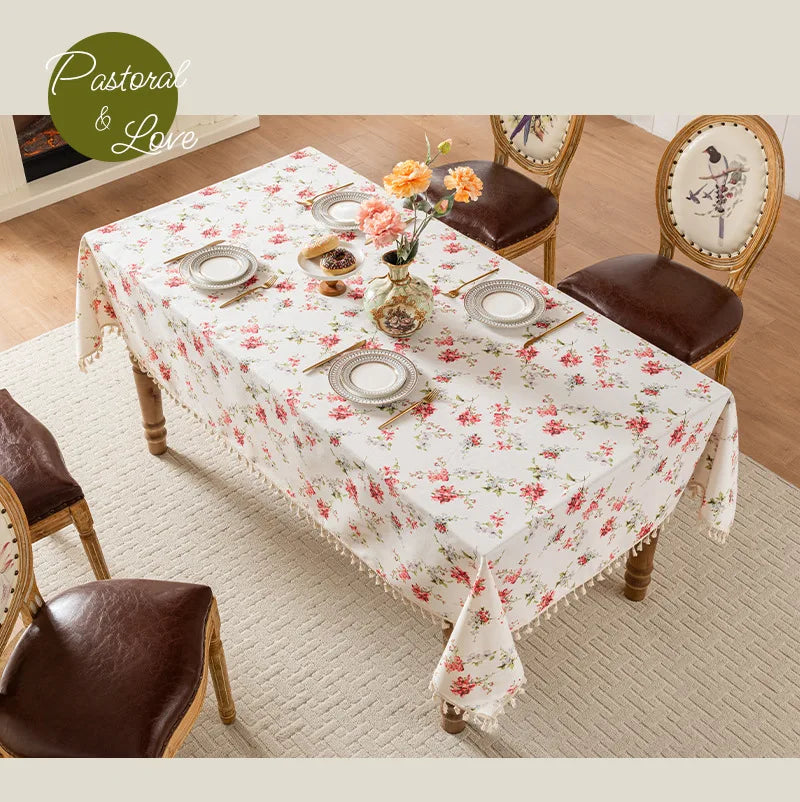 nappe table rectangulaire coton fleurs pompons bordure décorative pastoral maison mariage