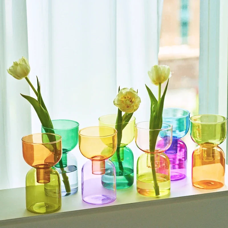 Vases modernes transparents vert bleu orange rose jaune set deux mini vases terrarium fonction