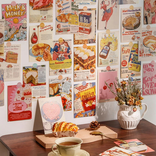 affiches vintage publicitaires rétro années 1950 1960 motifs alimentaires textes noirs couleurs roses blanches